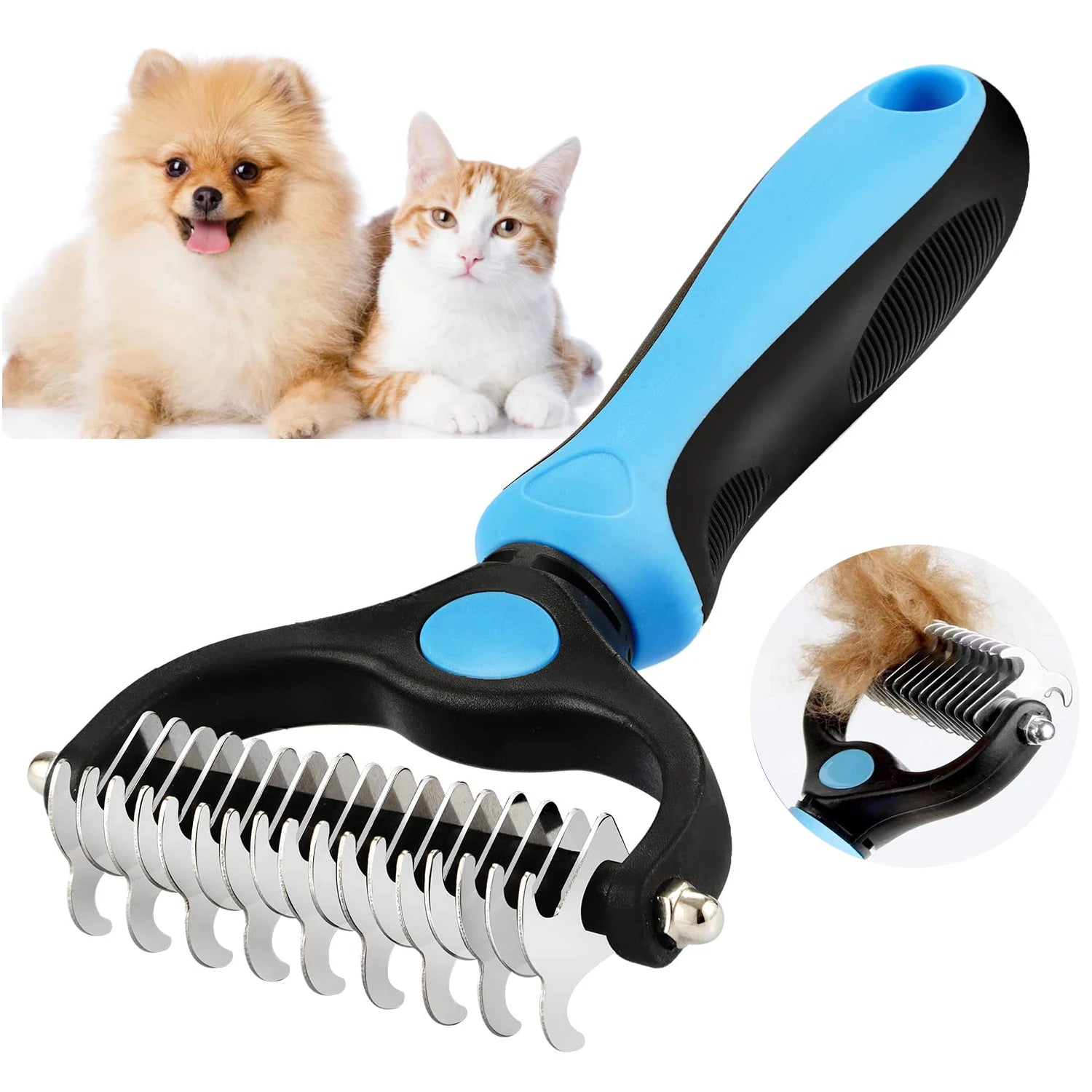 Blue and black pet grooming rake for dogs and cats with metal teeth and a non-slip ergonomic handle.