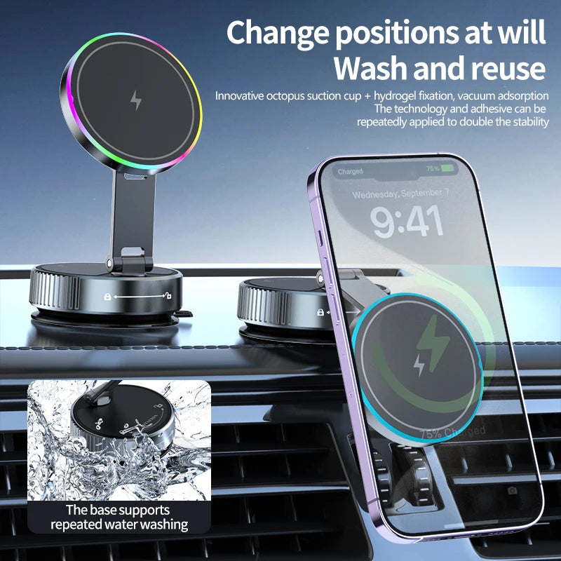A dark metallic, foldable magnetic phone mount with an RGB LED rim, featuring a suction base for car dashboards.
