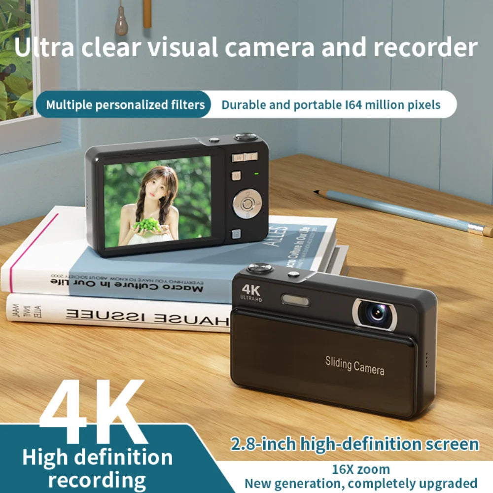 Black digital camera with a 2.8-inch screen, 4K video recording, 16X zoom, and a sliding lens cover.