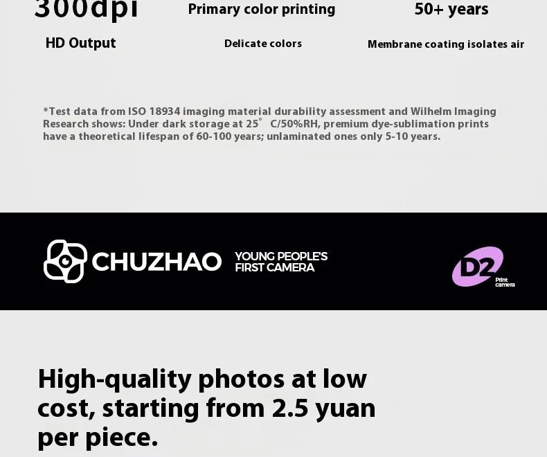 Infographic for Chuzhao D2 print camera highlighting 300dpi, dye-sublimation coating, and low cost per photo.