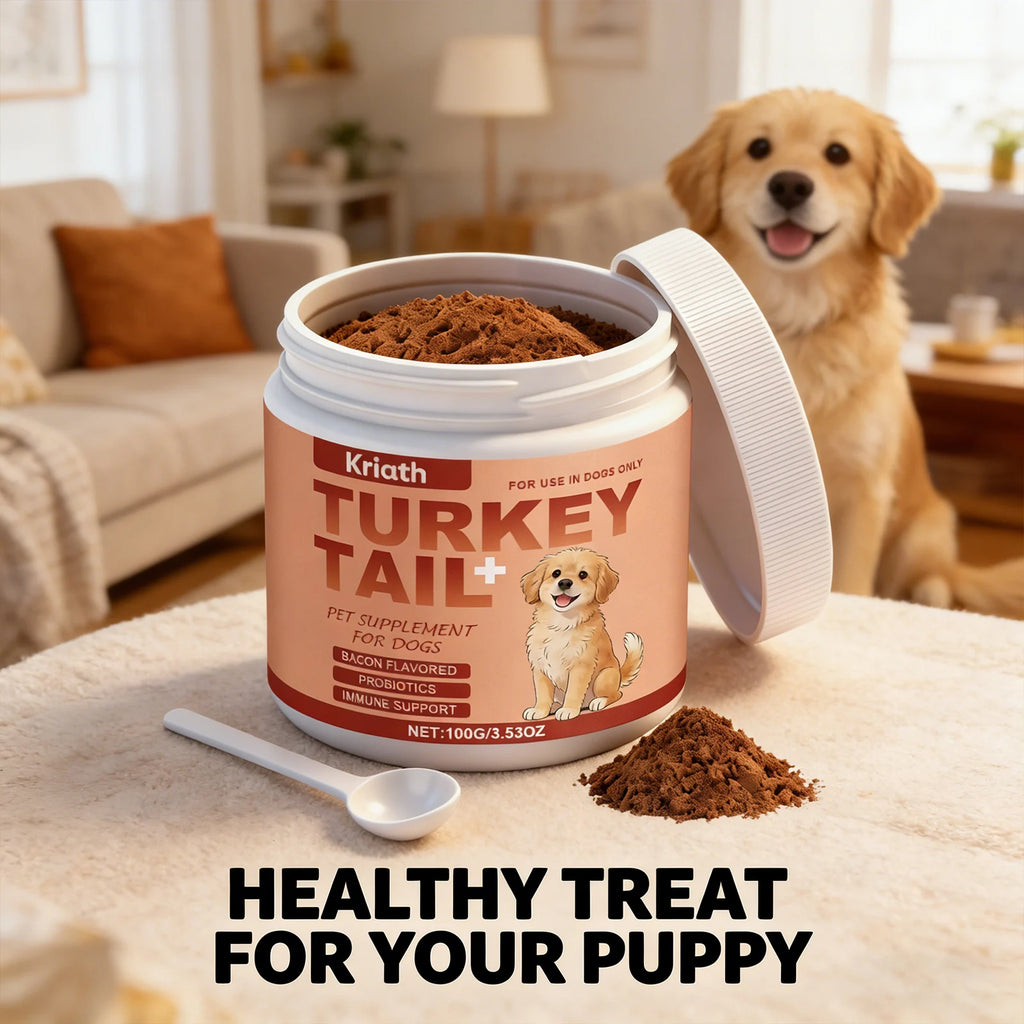 A jar of bacon-flavoured turkey tail powder supplement for dogs, featuring a scoop and an illustration of a puppy.