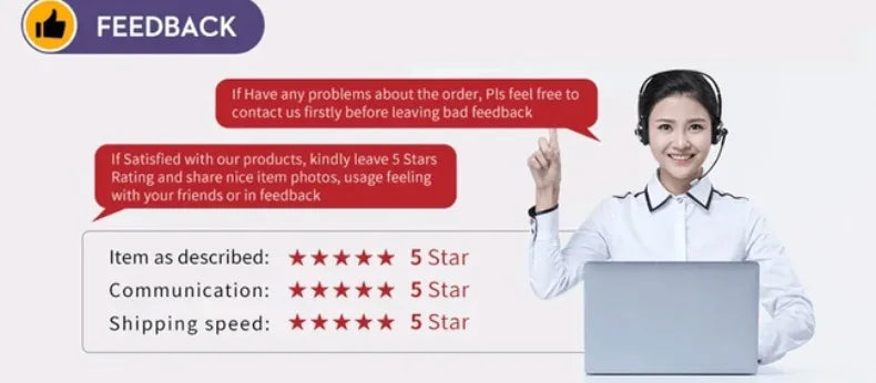 Customer service image with a smiling agent in a headset, 5-star feedback request text, and contact instructions.