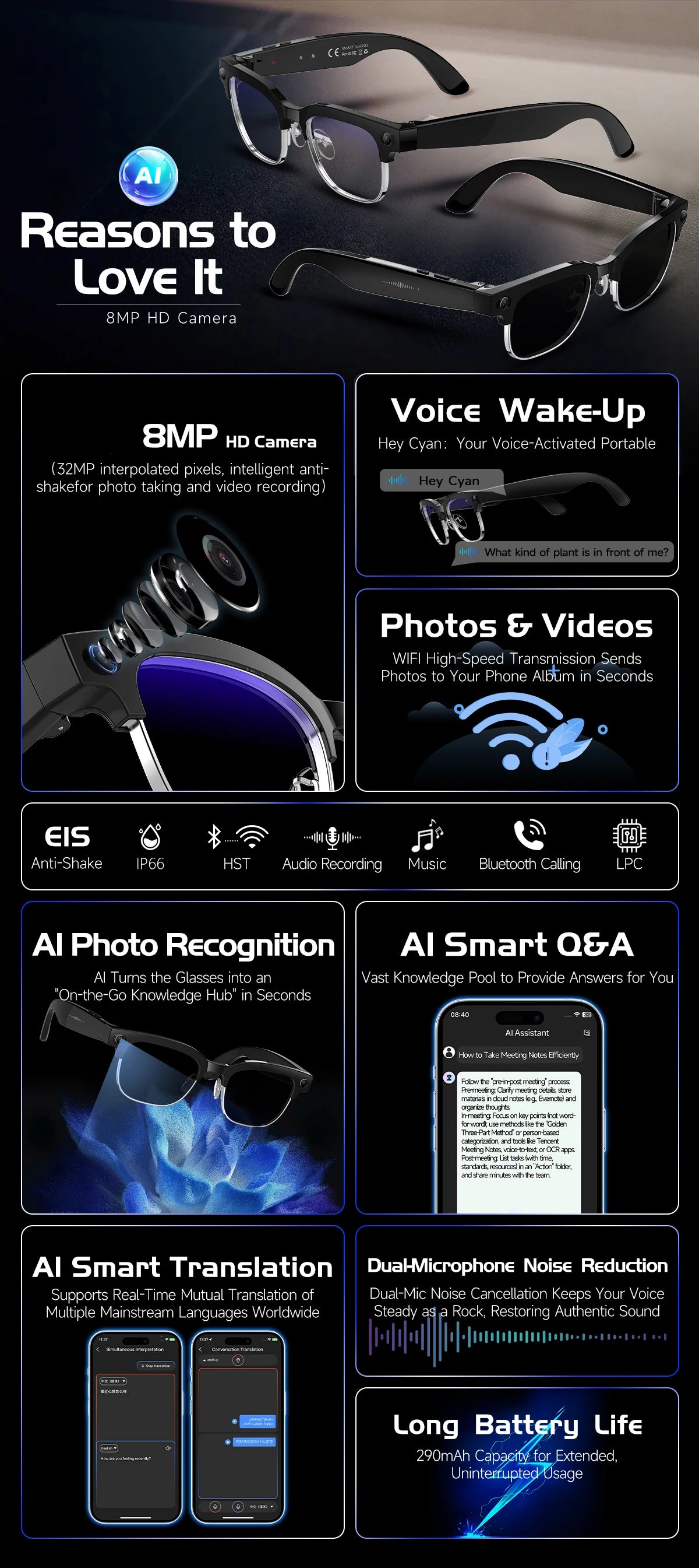 Sleek black AI smart glasses with an integrated HD camera, featuring voice control, photo recognition and translation.