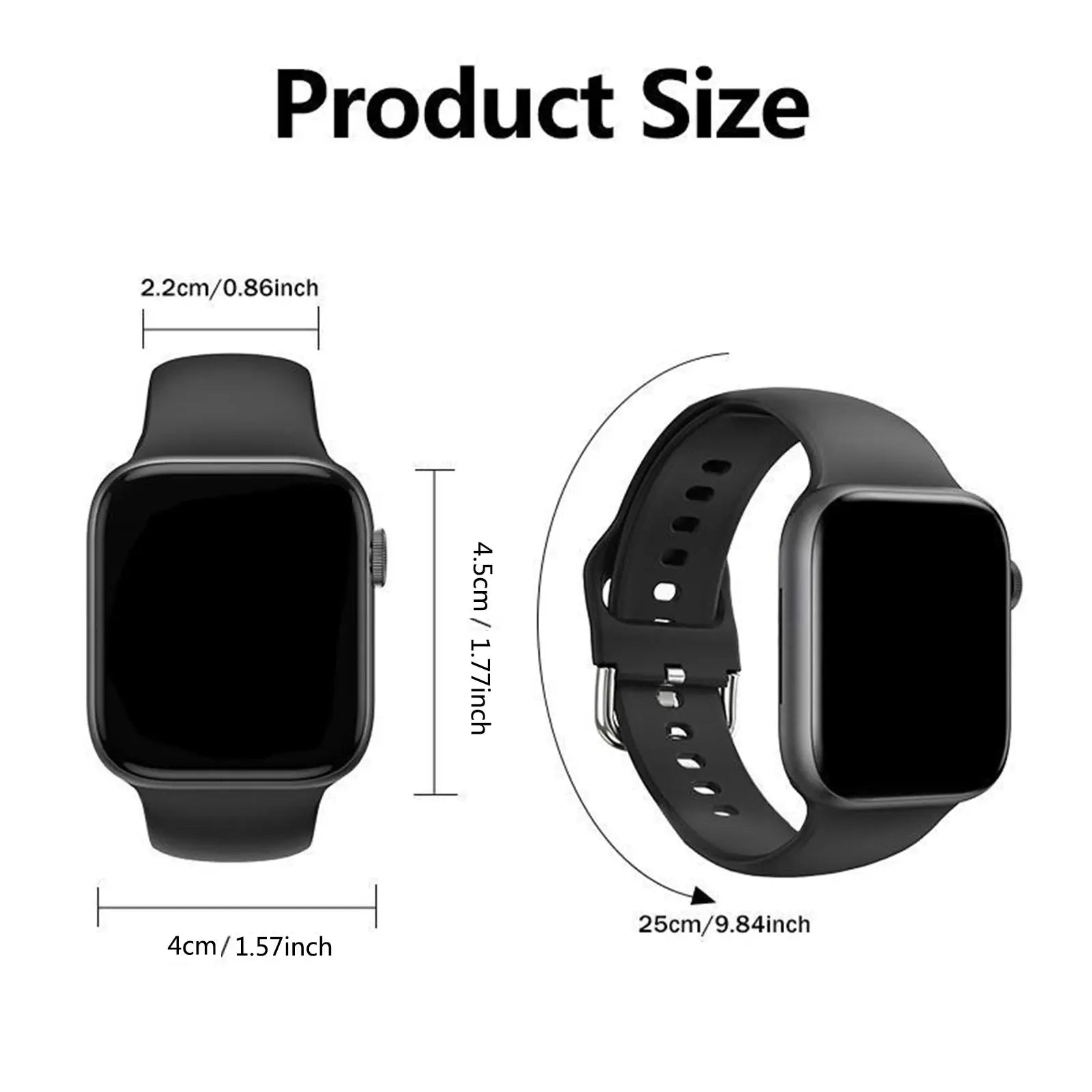 Black smart watch with wireless calling and sports tracking, showing dimensions in cm and inches.