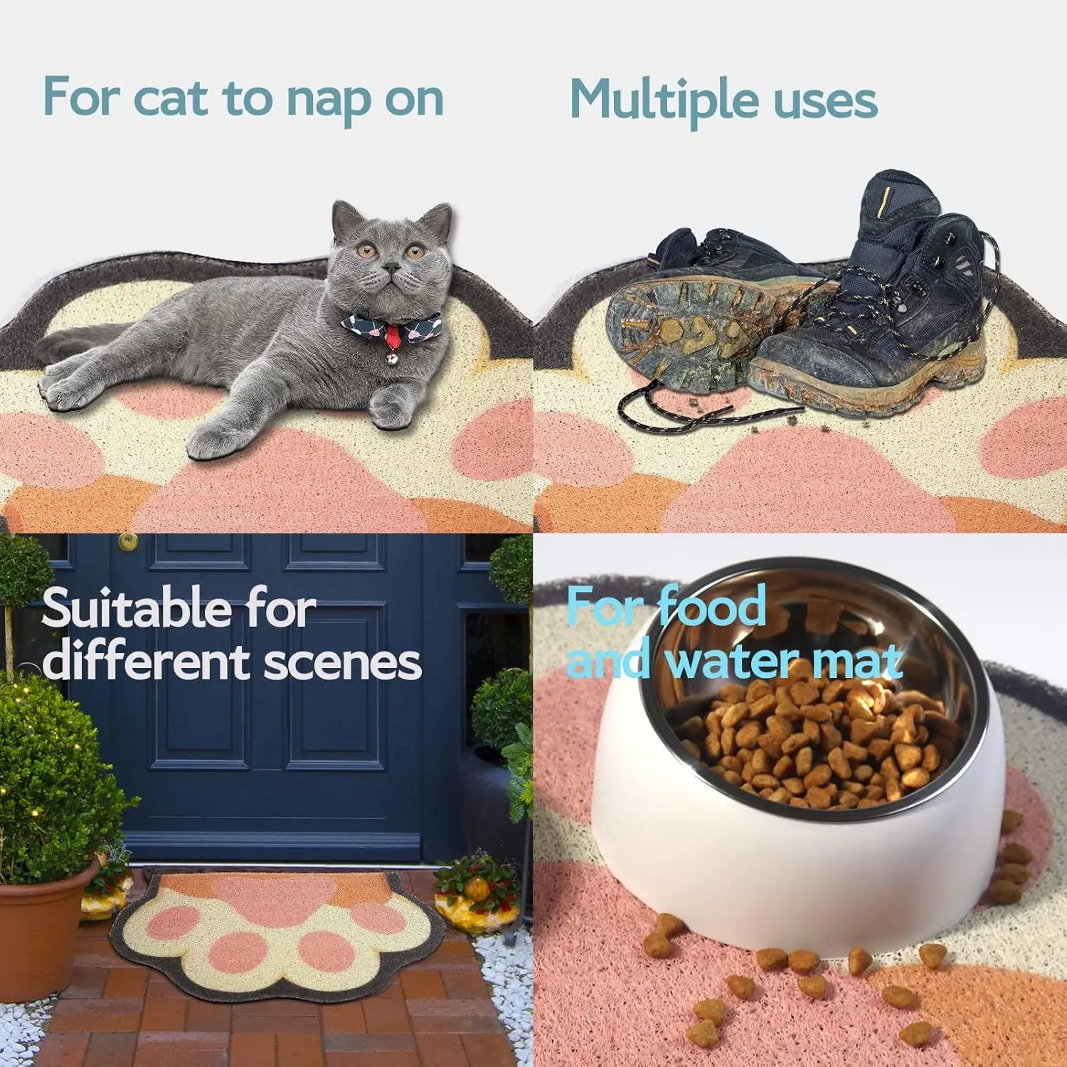 Anti-slip paw-shaped mat in pink and orange, used for a cat, muddy boots, as a doormat, and for pet food bowls.
