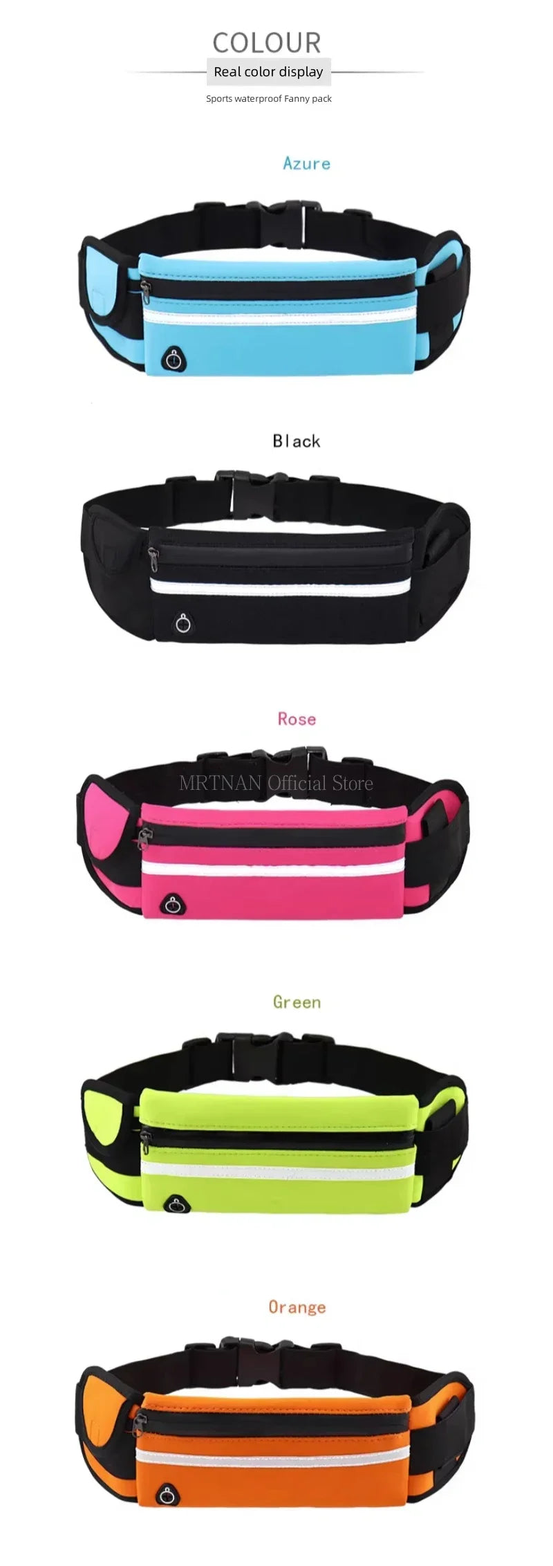 Five sports running waist belts in azure, black, rose, green, and orange with zip pockets and reflective strips.