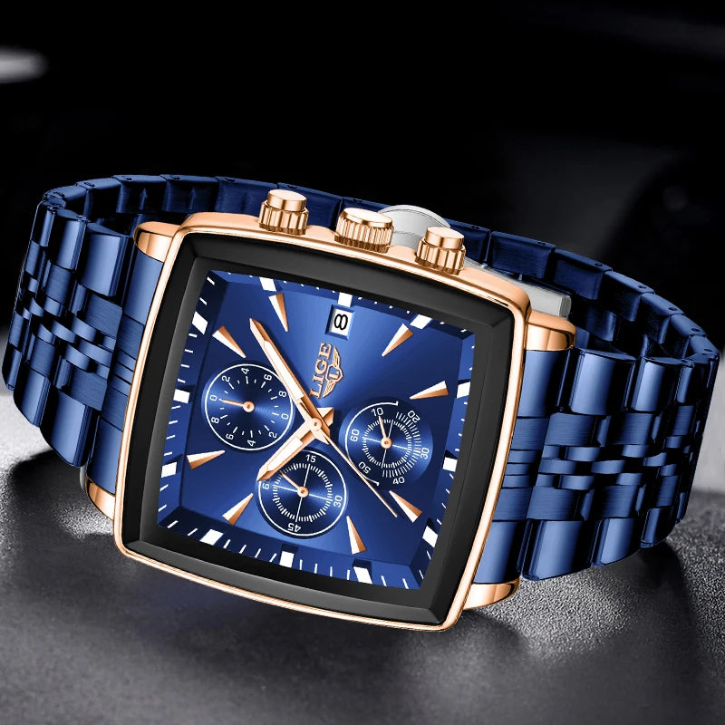 Blue square chronograph quartz watch with gold accents, three sub-dials, and a blue metal link strap.