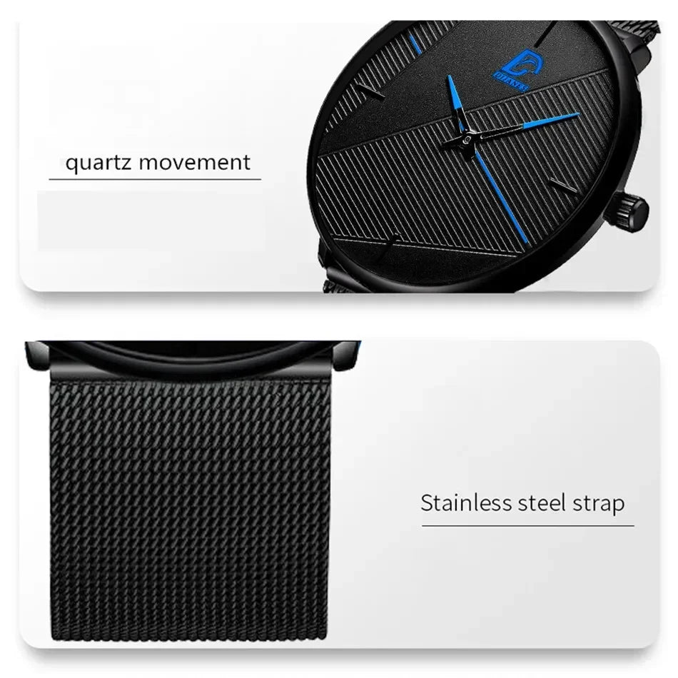 Minimalist black quartz watch with textured face, blue accents and a matching black stainless steel mesh strap.