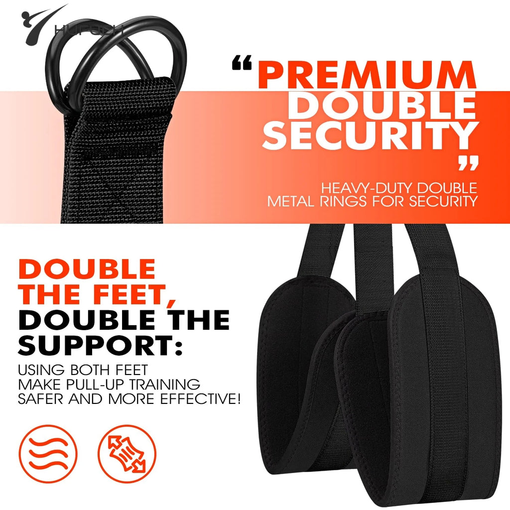 Black pull-up resistance strap set with double metal anchor rings and foot support loops.