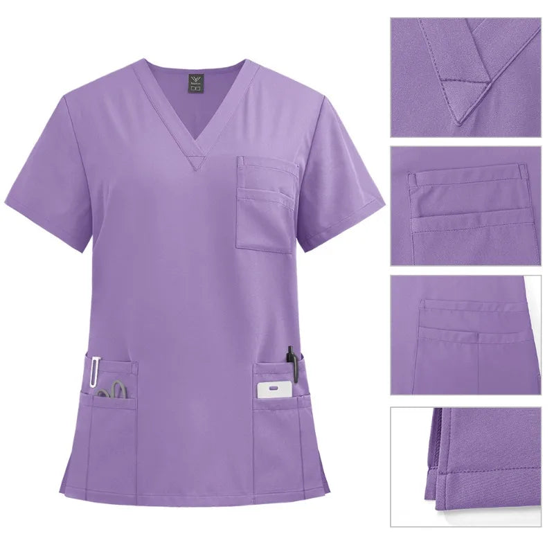 Lilac women’s V-neck scrub top featuring a chest pocket, two lower front pockets with pen slots and side slits.