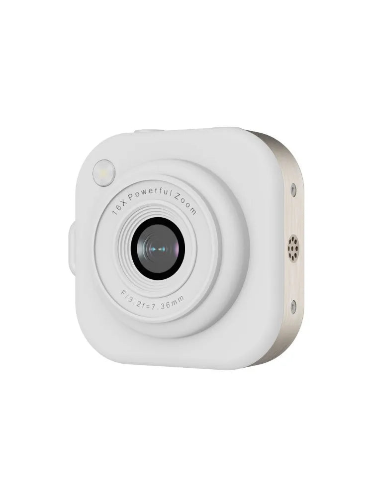 White digital camera with a metallic silver side, 16x zoom lens, and built-in flash on a white background.