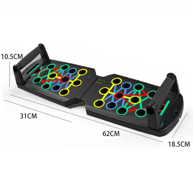 Black, foldable push-up board with colourful, numbered handle slots for targeted muscle training and two hand grips.
