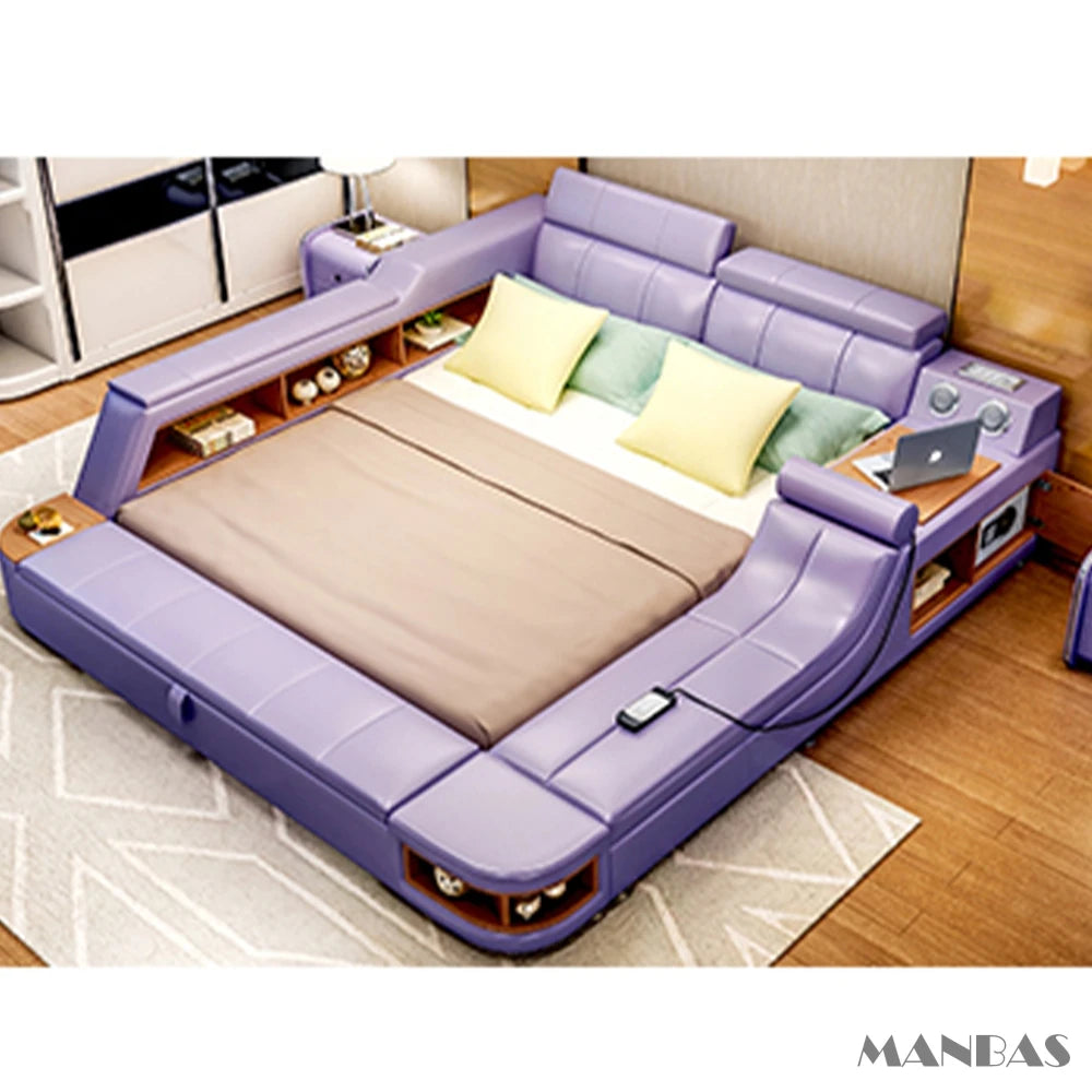 Luxury purple leather bed frame with built-in storage shelves, bedside tables, and integrated technology features.