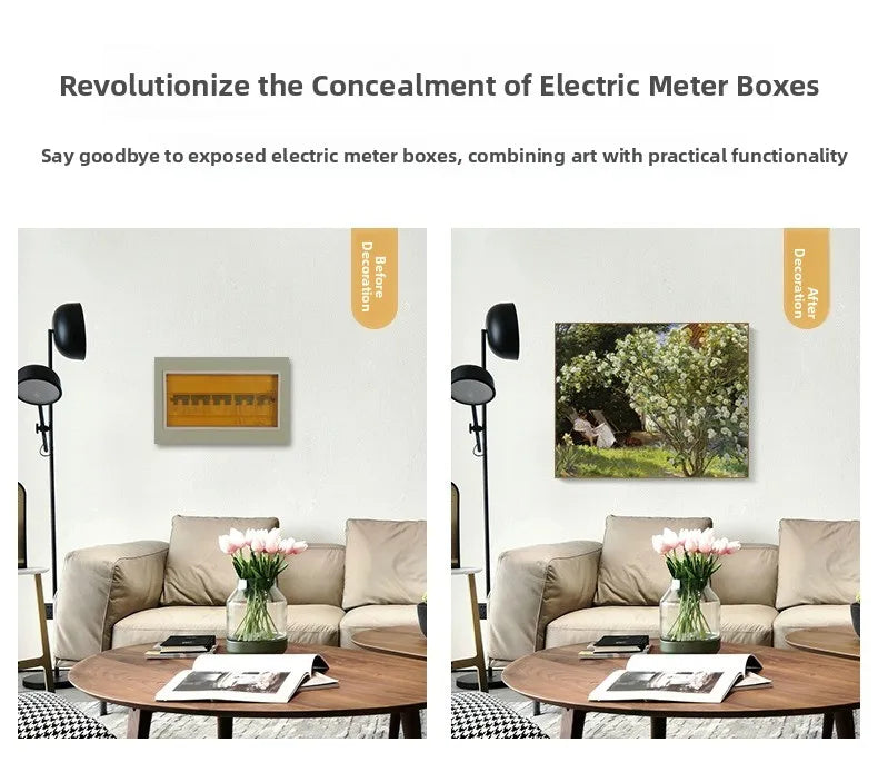 Decorative wall art meter box cover featuring a vibrant garden scene, transforming an unsightly box into wall decor.
