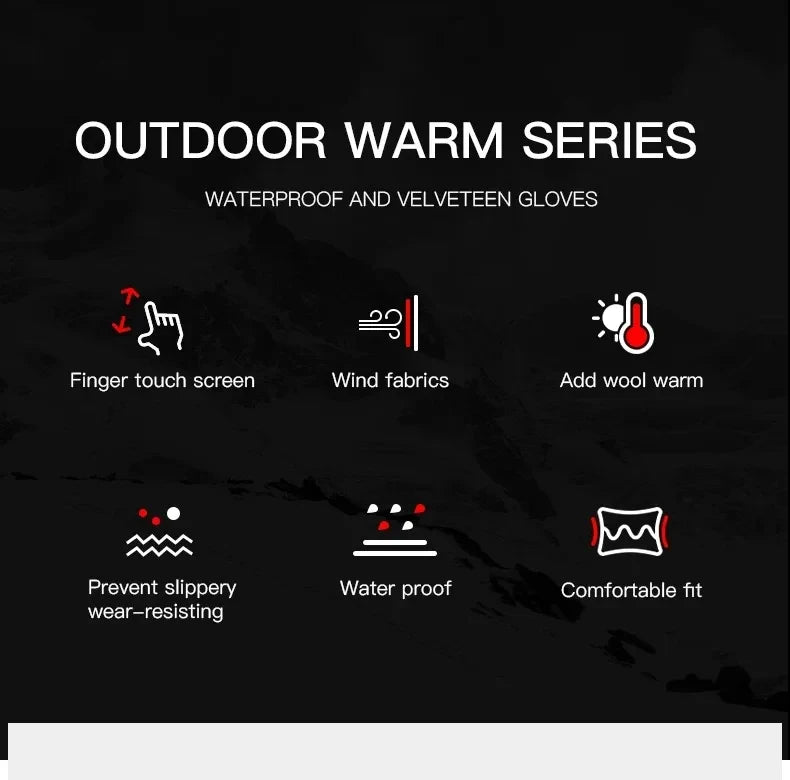 Infographic for waterproof, velveteen-lined outdoor gloves showing touchscreen, windproof, and non-slip features.