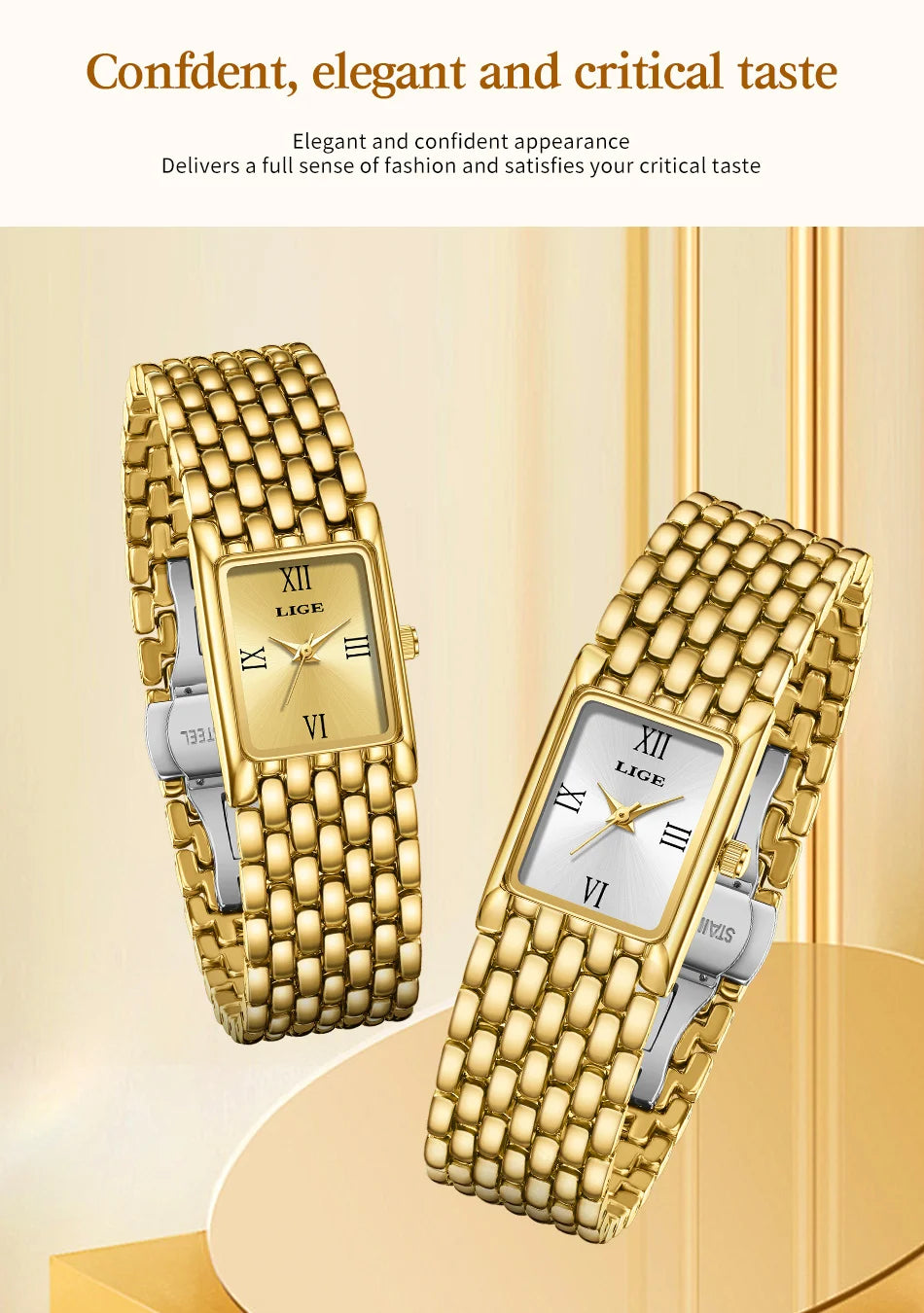 Two luxury square ladies' watches with gold-tone link bracelets, featuring Roman numerals and gold-toned hands.