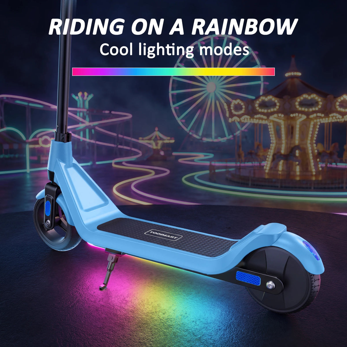 Light blue electric scooter with black deck, kickstand, and rainbow underglow lights against an amusement park.