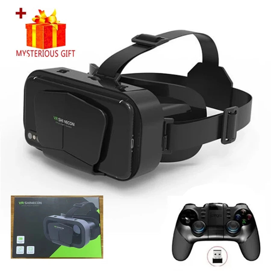Black VR headset with adjustable straps, front smartphone slot, and branding, plus a wireless controller.