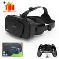 Black VR headset with adjustable straps, front smartphone slot, and branding, plus a wireless controller.