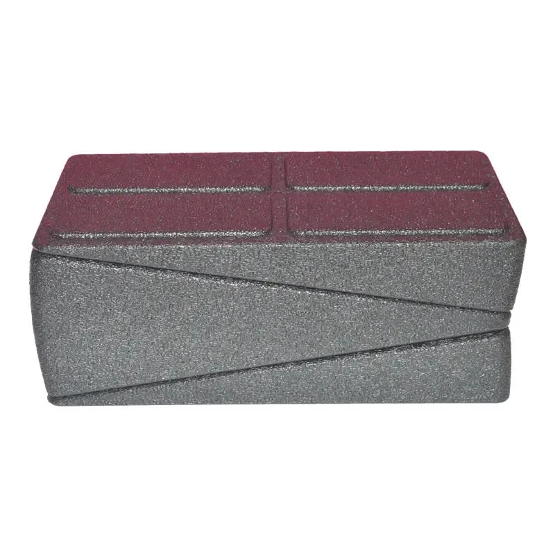 Grey foam calf stretcher wedge, rectangular shape with a textured, non-slip surface and maroon top panel.