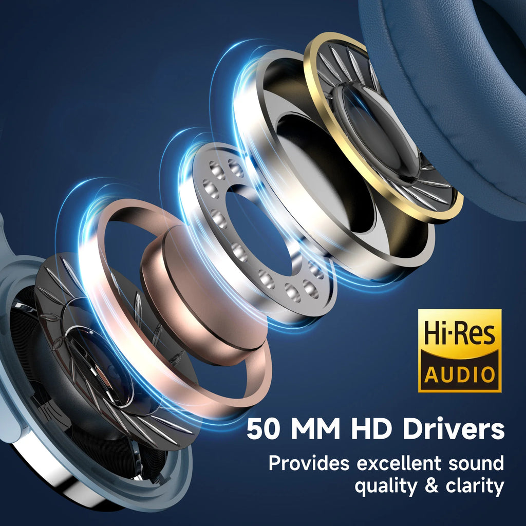 Exploded view of blue studio headphones showing internal 50mm HD drivers for high-resolution audio quality.