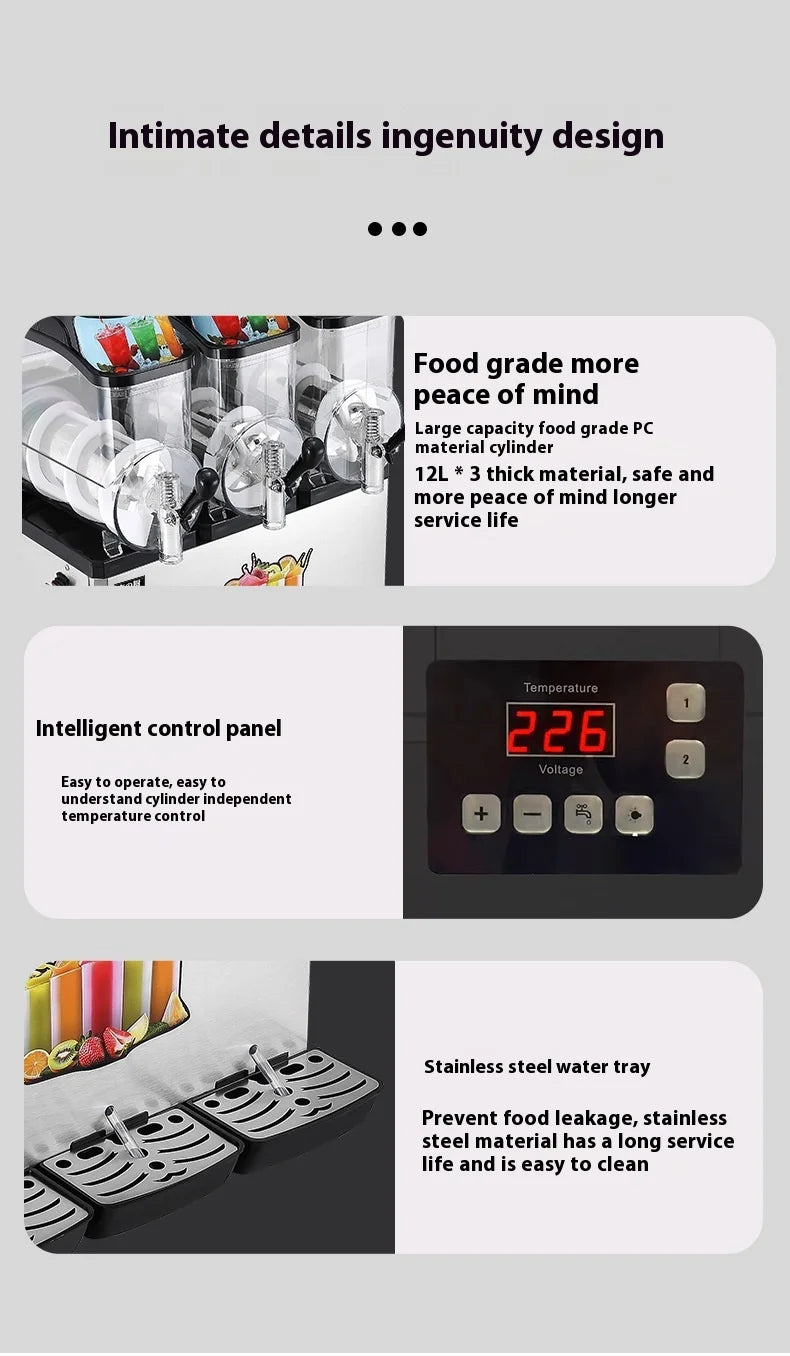 Commercial three-bowl stainless steel slushie machine with a digital control panel and drip trays.