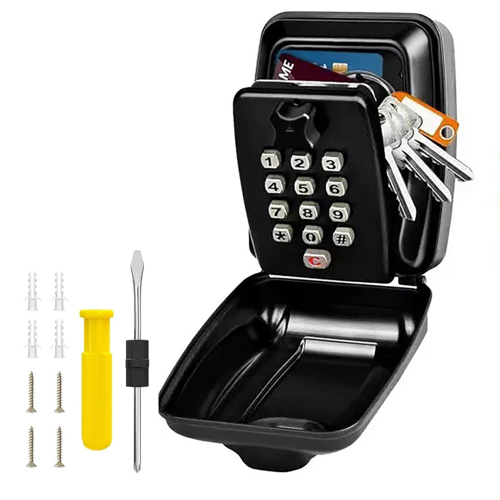 Black metal wall-mounted key lock box with a digital push-button keypad, mounting hardware, and screwdriver.