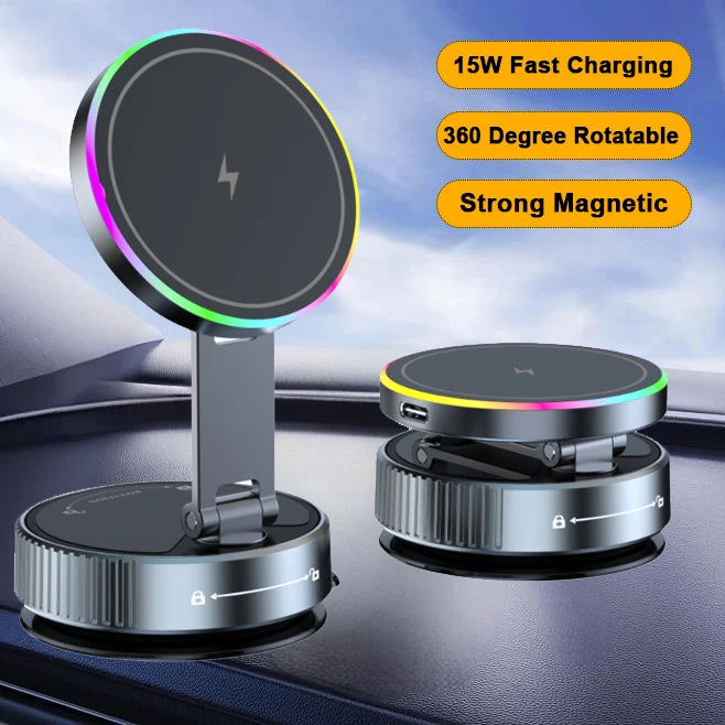 Magnetic car phone charger with RGB ring light, 360-degree rotation, and foldable grey metallic stand.