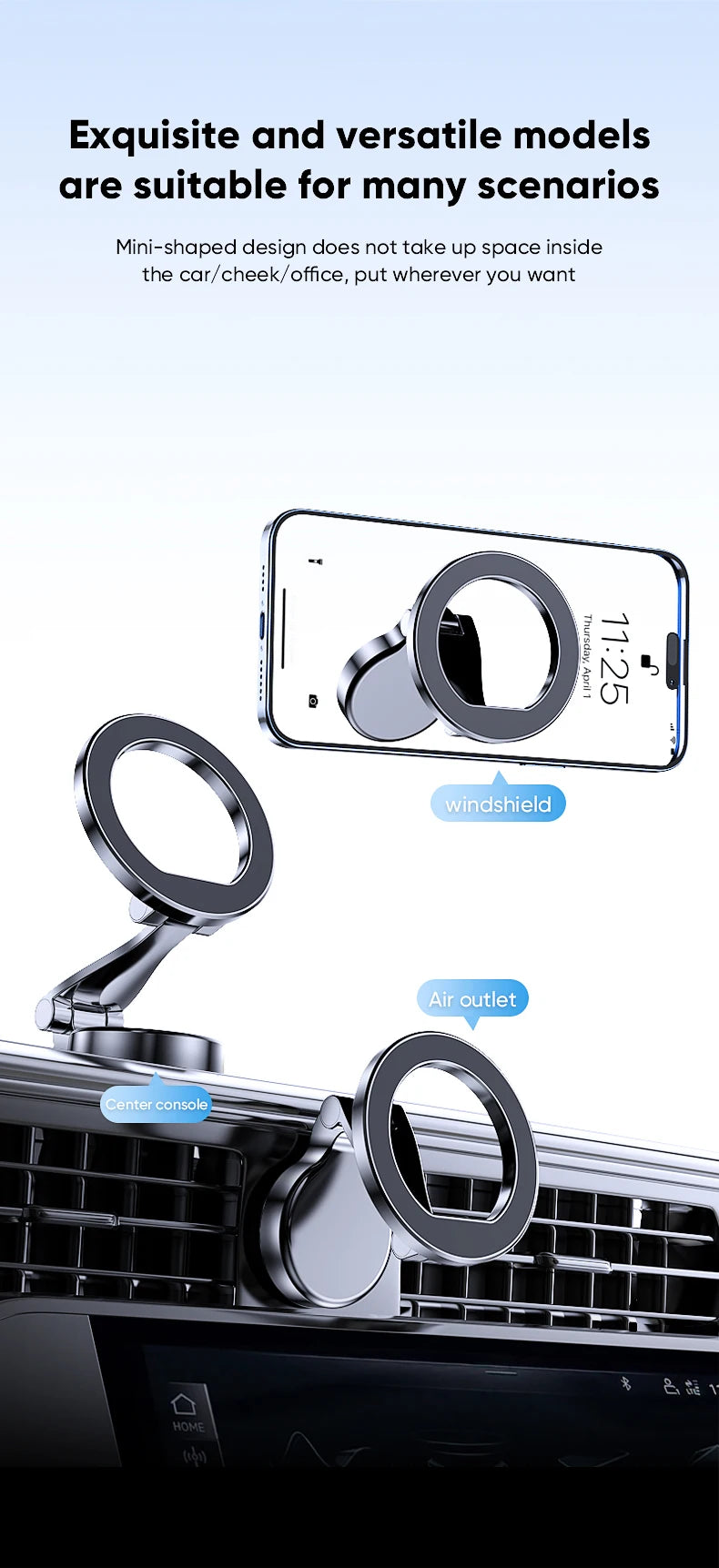 Adjustable black magnetic phone mount for car dashboards, air vents, or windshields with a sleek, compact design.