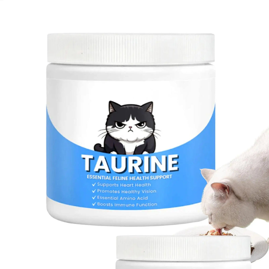 White plastic tub of Taurine feline health supplement with a blue label featuring a cat cartoon and health benefits.