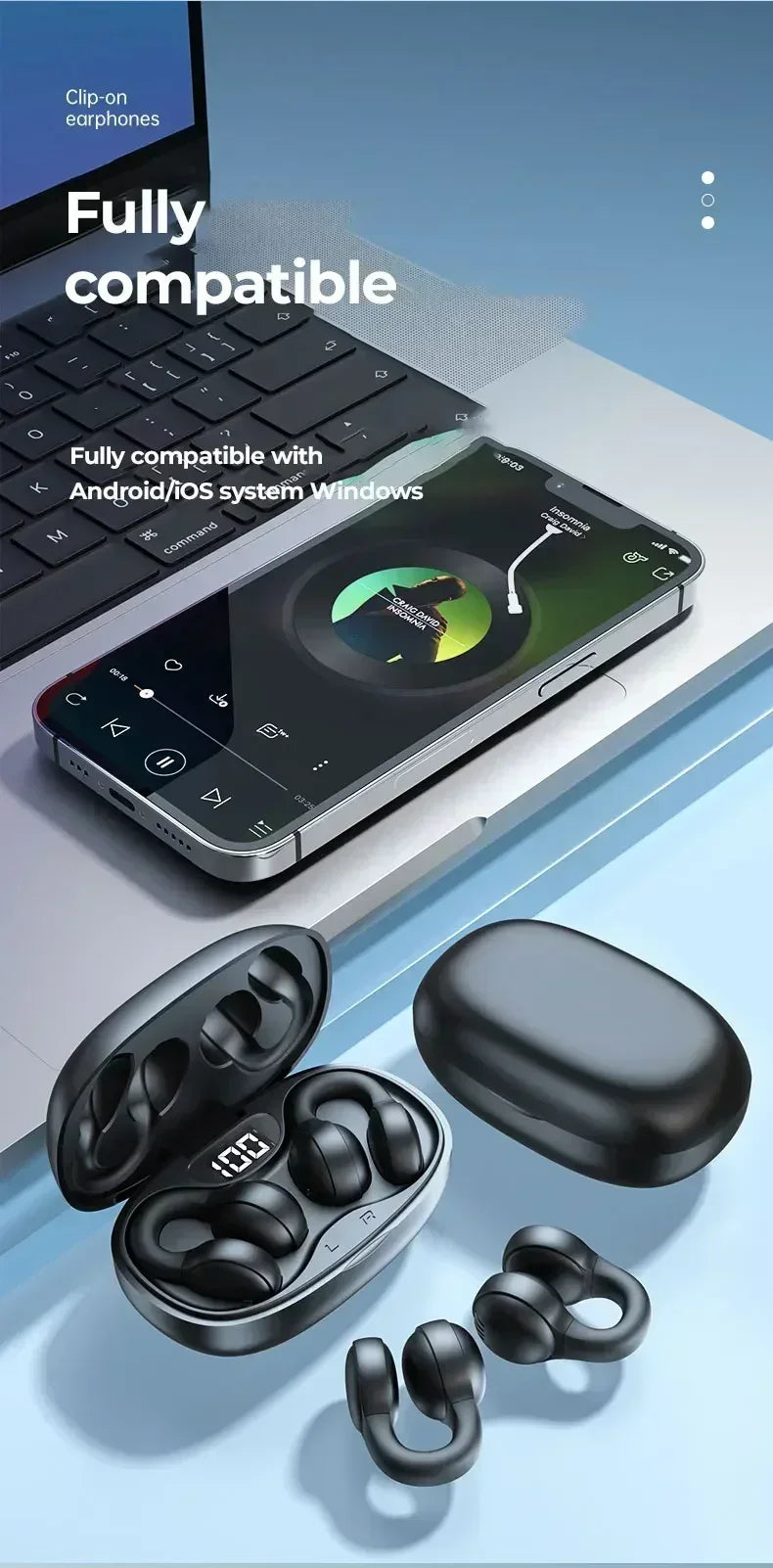 Black wireless clip-on earphones with a charging case featuring a digital battery display, placed near a smartphone.