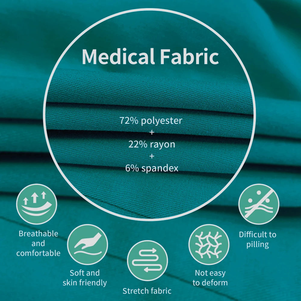 Close-up of teal medical scrub fabric with icons showing it is breathable, soft, stretchy, and pilling-resistant.