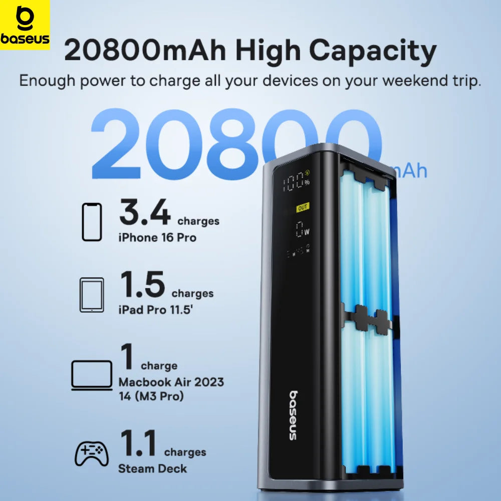 Black 20800mAh portable power bank with a digital display and blue illuminated side panels for 145W fast charging.