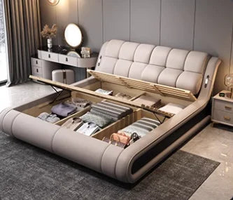 Modern cream genuine leather bed frame with an ottoman-style lift-up storage base and tufted headboard.
