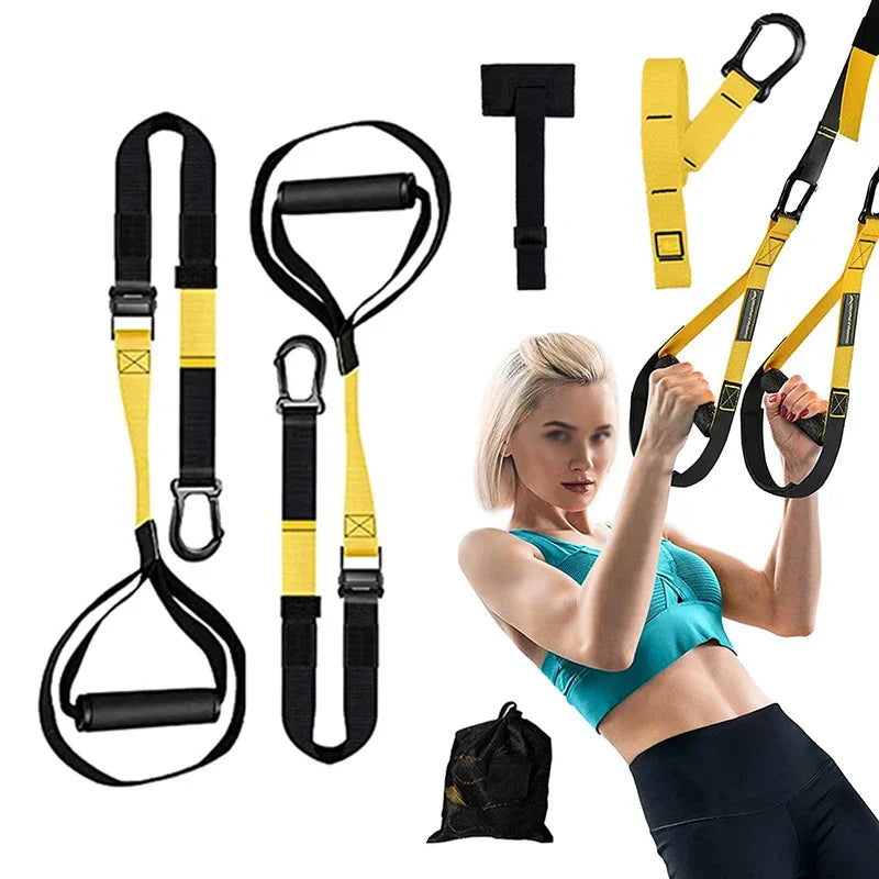 Black and yellow adjustable suspension training straps with rubber handles, door anchor, and carry bag.