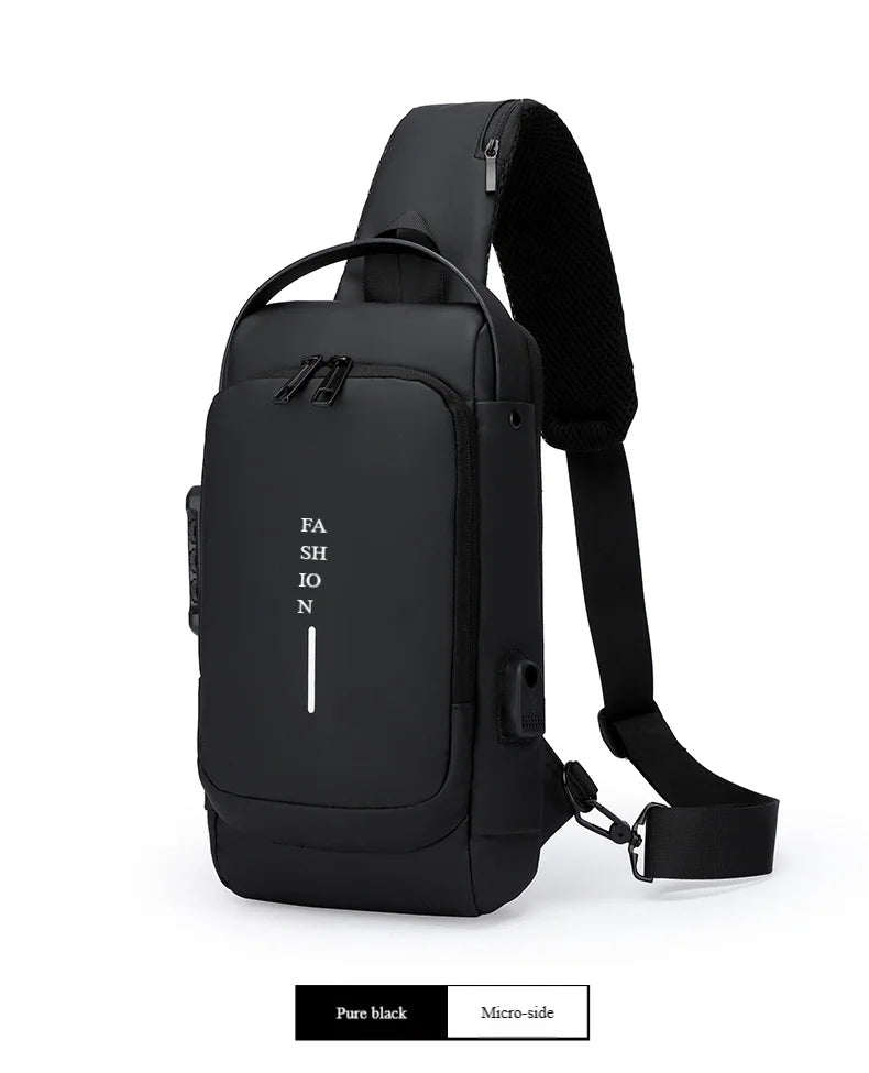 Black anti-theft chest bag with a password lock, USB charging port, single shoulder strap and a sleek, modern design.