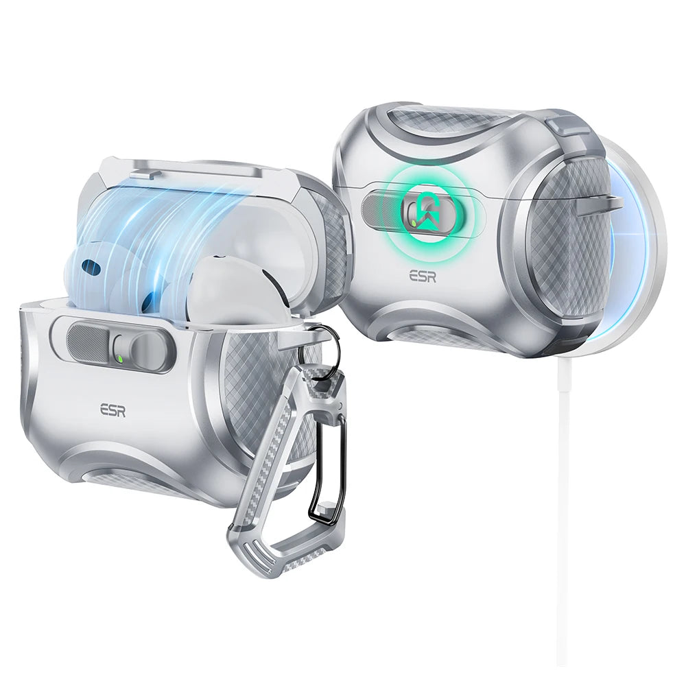 ESR metallic silver protective case for AirPods Pro, featuring a textured design and carabiner clip.