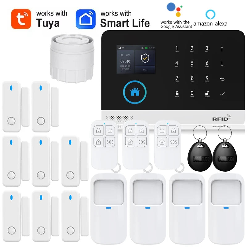 Smart wireless home alarm kit featuring a white touchscreen control panel, motion sensors, door contacts, and key fobs.