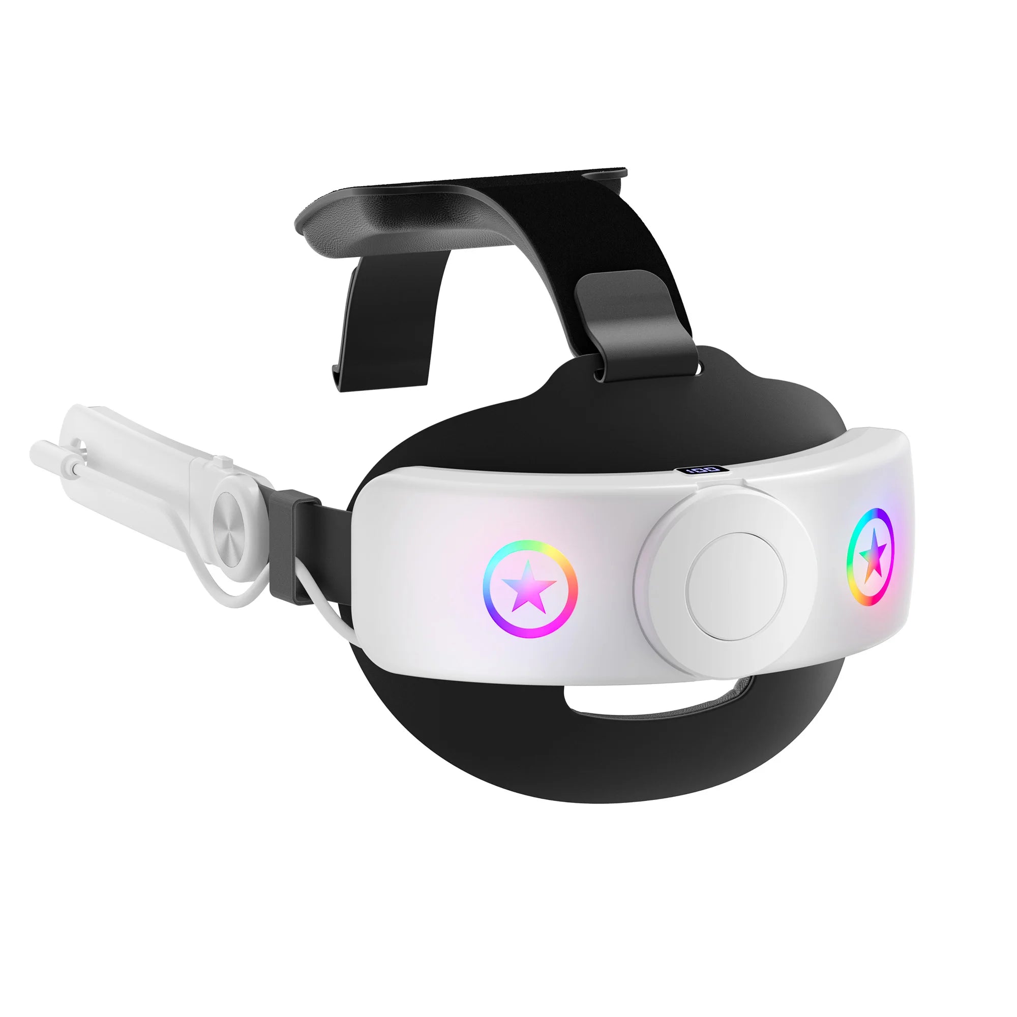 Adjustable black and white VR head strap with a 10,000mAh battery pack featuring vibrant RGB star-shaped lights.