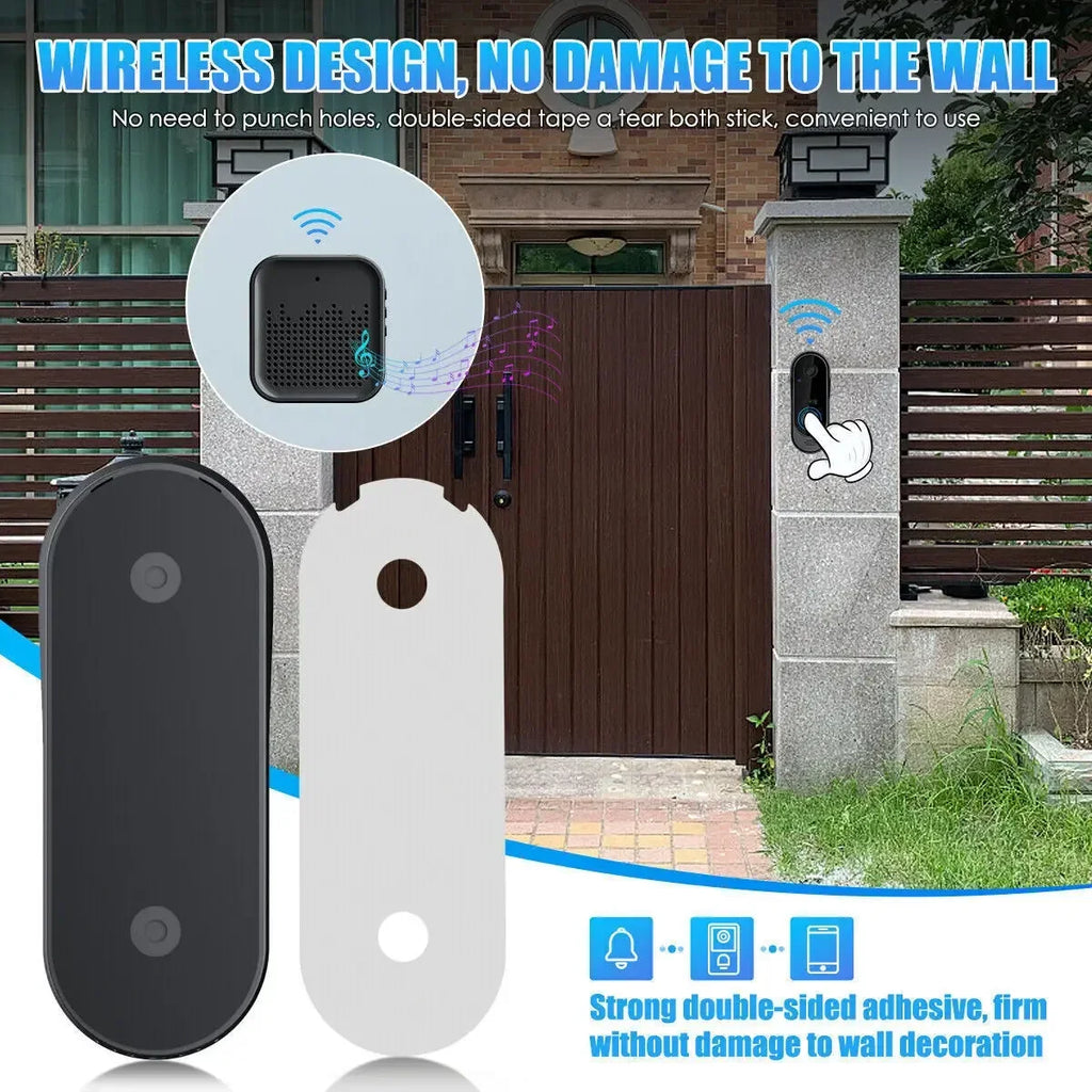 Sleek black, oval wireless smart video doorbell with adhesive mount and plug-in indoor chime for easy installation.