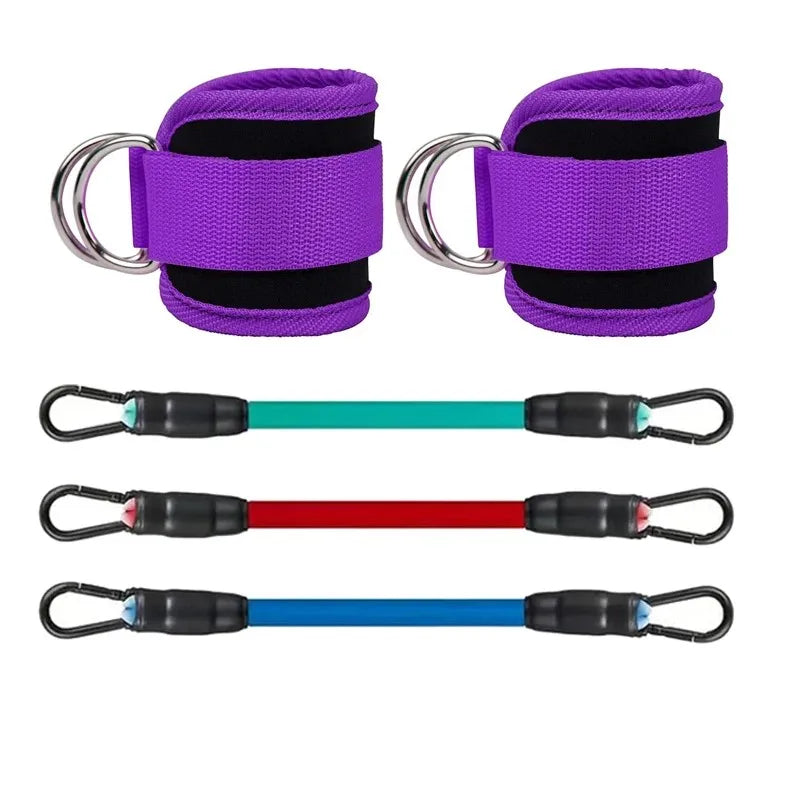 Pair of purple ankle straps and three colourful resistance bands with metal carabiner clips on a white background.
