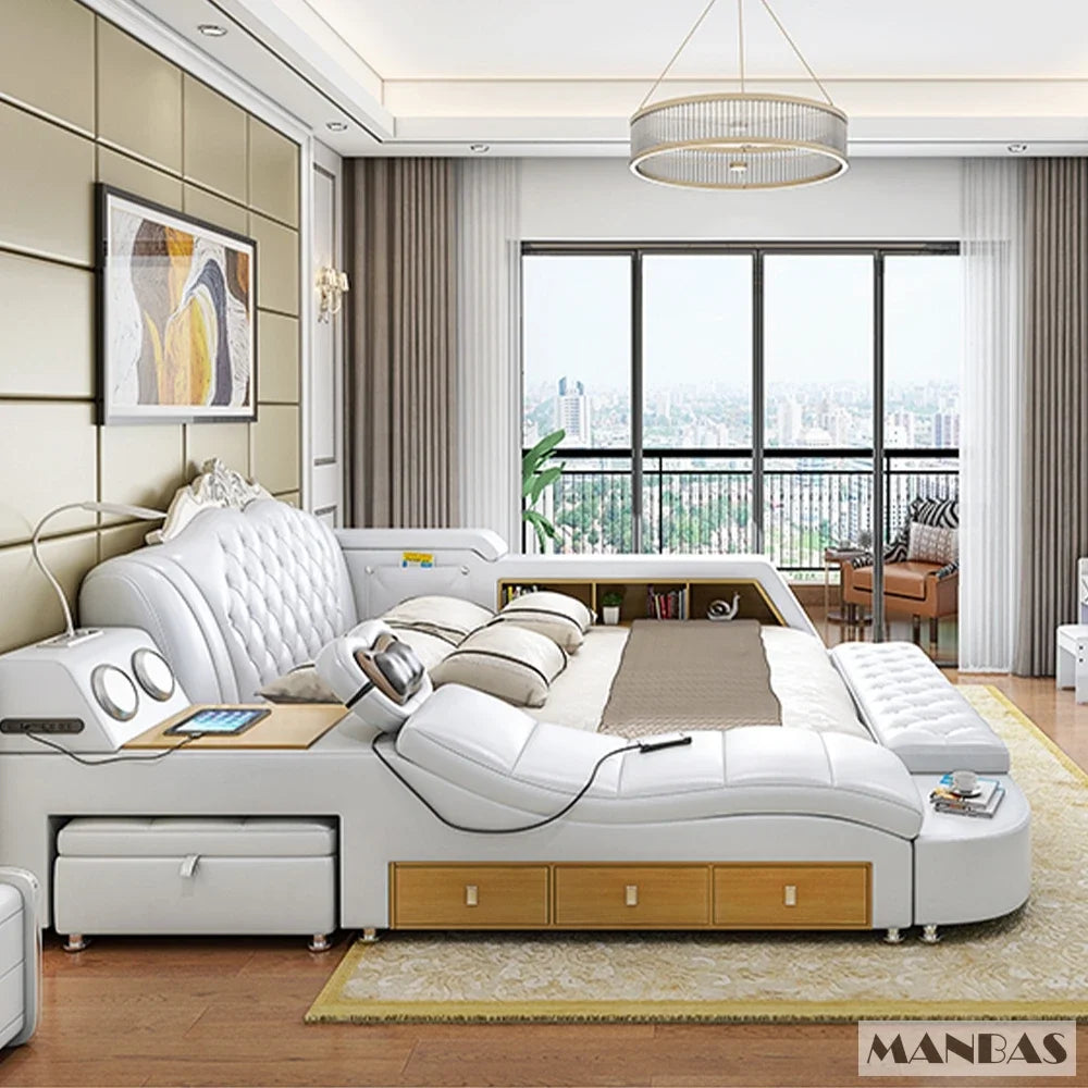 Modern white tufted leather multifunctional bed with integrated massage, Bluetooth speakers, storage, and bedside shelf.