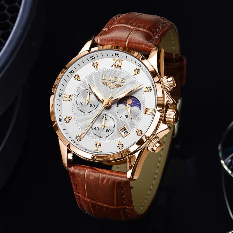 Men’s classic chronograph watch with a rose gold case, textured silver dial, and brown crocodile-effect leather strap.