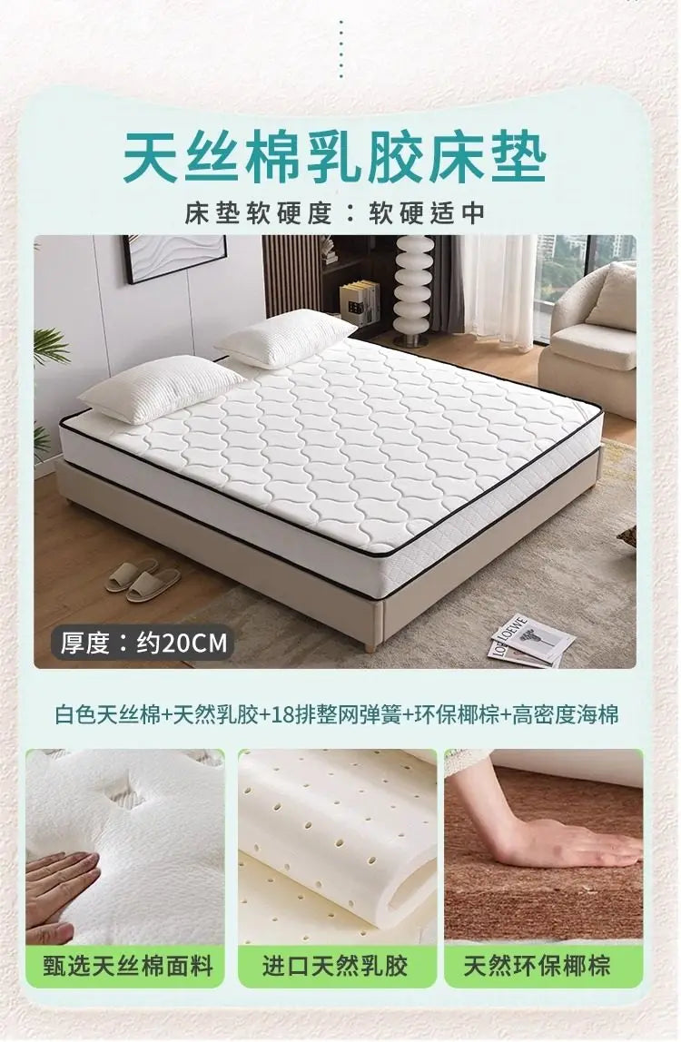 A classic solid wood bed frame in a light finish, featuring a plush, white quilted mattress and integrated storage.