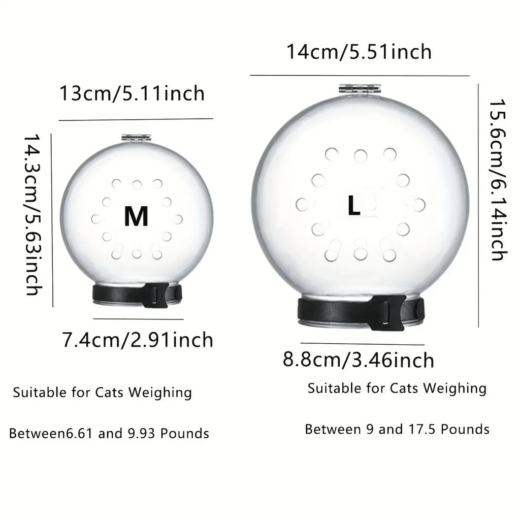 Two clear, spherical cat grooming muzzles with ventilation holes and adjustable black straps, shown in size M and L.
