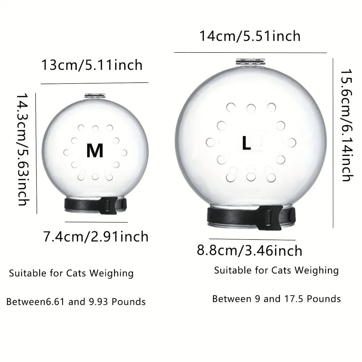 Two clear, spherical cat grooming muzzles with ventilation holes and adjustable black straps, shown in size M and L.