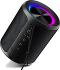 Portable black waterproof Bluetooth speaker with mesh texture, carry strap, and vibrant LED ring light.