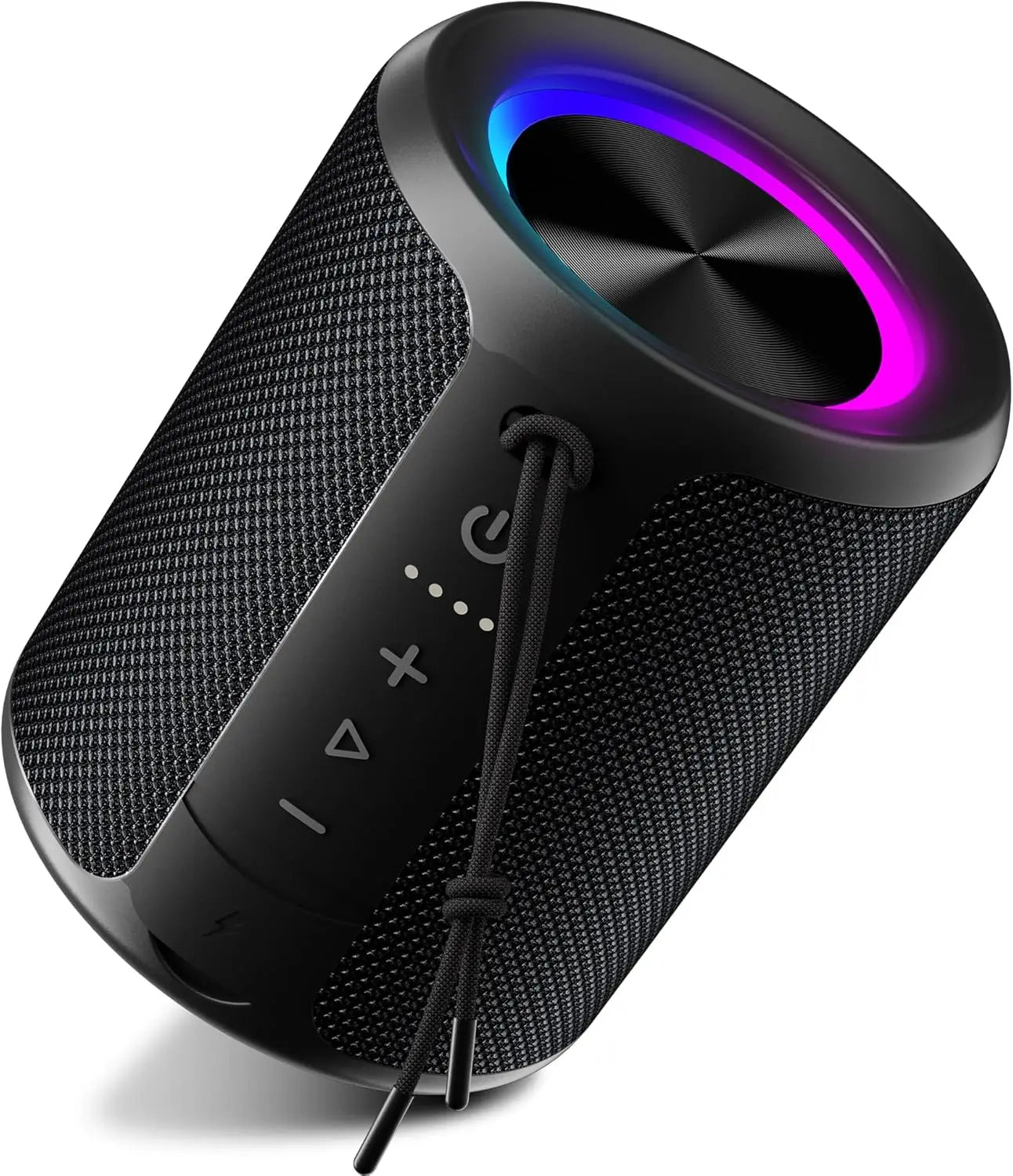 Portable black waterproof Bluetooth speaker with mesh texture, carry strap, and vibrant LED ring light.