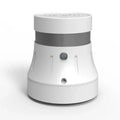 White, modern, tapered smart smoke detector with a grey middle band and a central sensor on a clean white background.