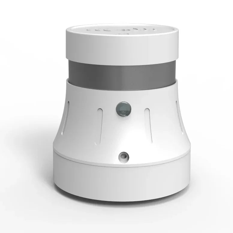 White, modern, tapered smart smoke detector with a grey middle band and a central sensor on a clean white background.